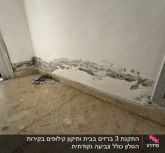 קיר עם סימני רטיבות ותיקונים